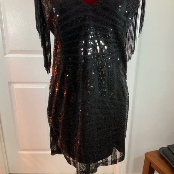 Capuffy Sequin Black Fringe Party Bodycon Mini Dress Size Large - Picture 4 of 10